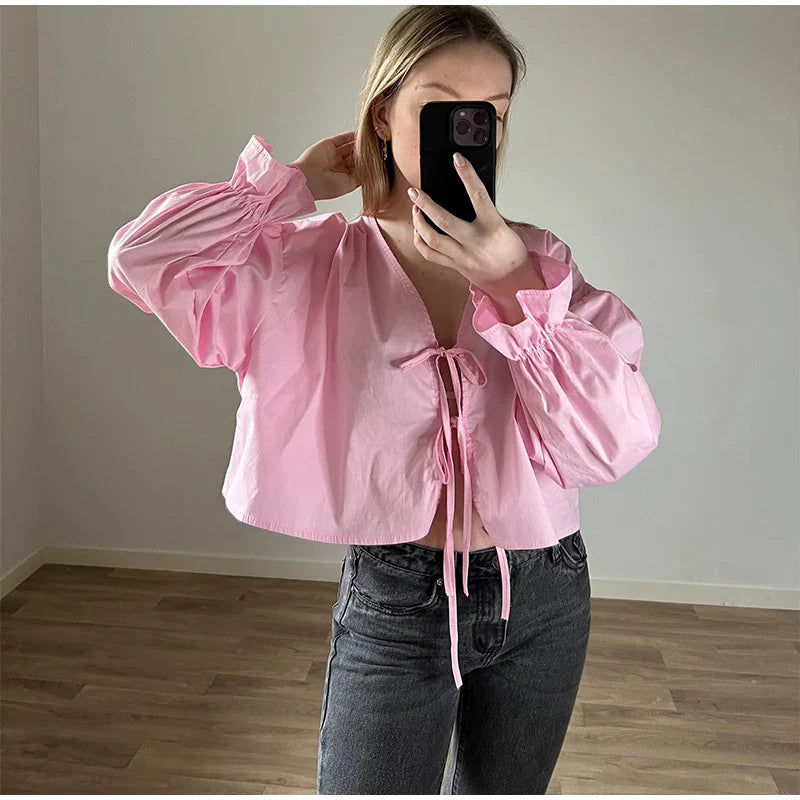 Doll Collar Embroidery Print Shirts Women Lovely Button Long Lantern Sleeve Blouses Spring Summer Casual Lady Cropped Tops