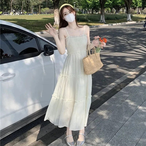 Korean Fashion Summer Strap Dresses For Women Y2k Chic Sleeveless Lace-Up Loose Pink Casual Midi Dress Elegant Sukienka