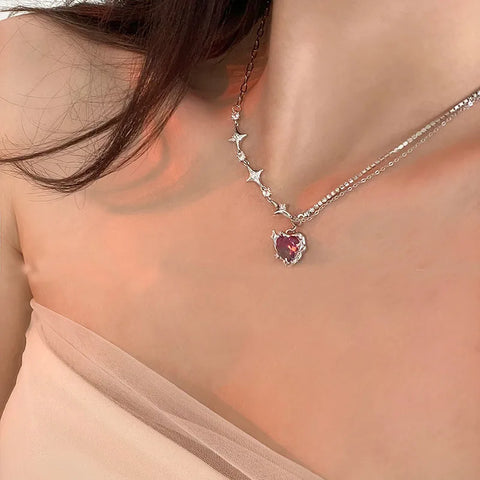 New Black Crystal Peach Heart Pendant Necklace for Women Girl  Fashion Zircon Stars Clavicle Chain Aesthetic Y2K Jewelry