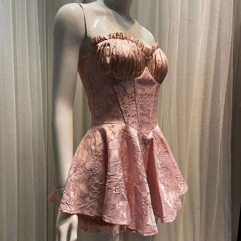 Women Sleeveless Off Shoulder Sweet Mini Dress Corset Boning Lace Jacquard Slim Fit Pink Sexy Strapless Summer Dress