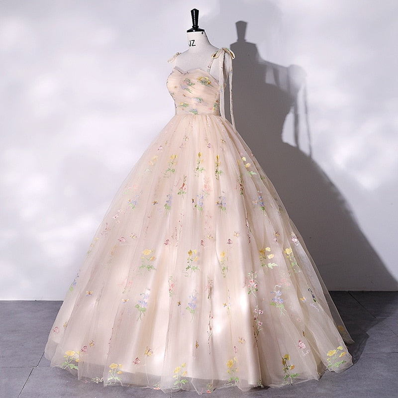 Fashion Spaghetti Strap Quinceanera Dresses New Champagne Colorful Floral Tulle Ball Gown Simple Sweet Fairy Vestido De Baile