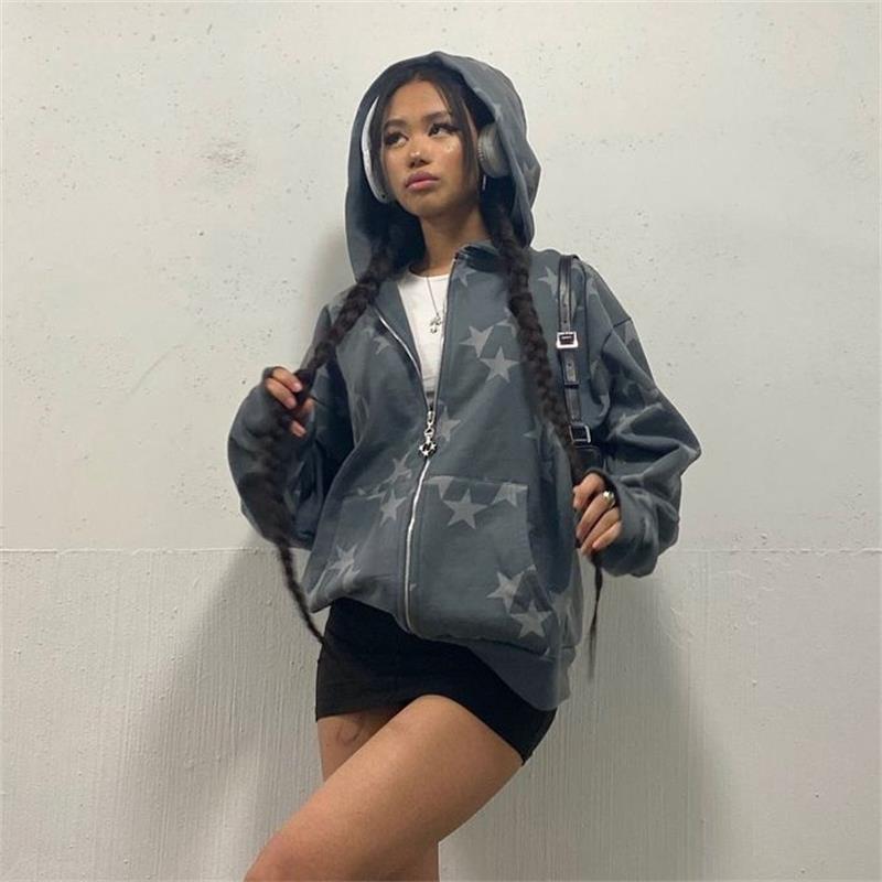 Vintage Star Pattern Hoodie Women Men Fairy Grunge Long Sleeve Zipper Jacket Harajuku Oversize Sweatshirt Streetwear Y2K Clothes