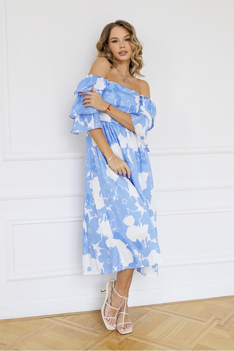 Backless Sexy Long Beach Dress Women Sky Blue White Floral Boho Chiffon Dress Short Sleeve Maxi Dresses For Women Summer