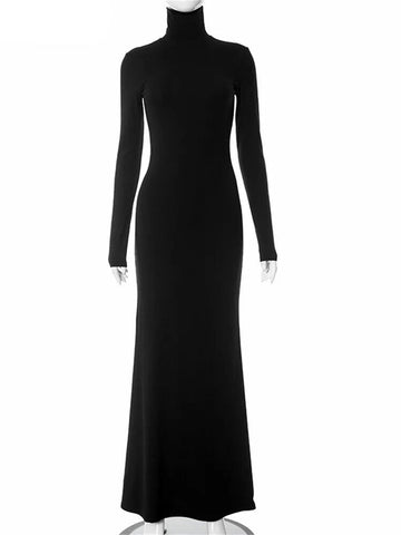 Maxi Bodycon Dress Women Long Sleeve Outfits Elegant Fashion Sexy Party Evening Club Wrap Black Winter Dress Turtleneck