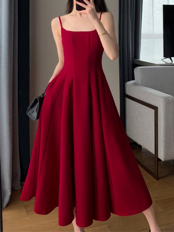 Fashion New Women Spaghetti Strap Elegant Long Red Dress Sexy Sleeveless Casual Party Prom Birthday Sundress Vintage Female Robe