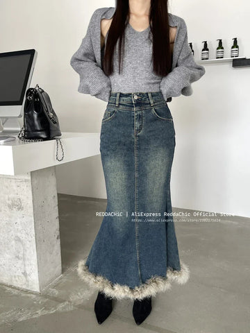 Winter Fur Trim Fishtail Long Jeans Skirt Women Feather Stitch Blue High Waist Denim Maxi Skirt 90s Retro Y2k Bottoms