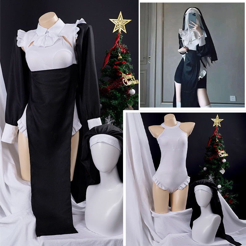 Nun Cosplay Costume Women Fancy Dress Set Halloween Party Roleplay Outfit Adult Nun Dress Black Fancy Cosplay Dress Up