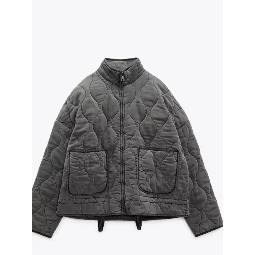 Grey Stand Collar Zipper Women Bomber Cotton Coat Lantern Sleeve Oversized Loose Pocket Jacket Autumn Winter Chic Outwears