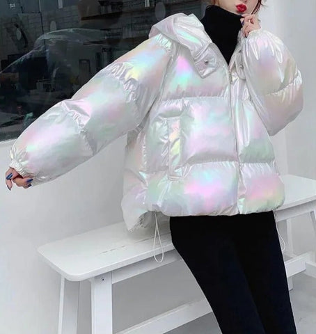 Women's Jacket Colorful Glossy Surface Hooded Cotton Coat Winter Korean Fashion Thicken Parkas Womens Clothing Loose Warm Tops