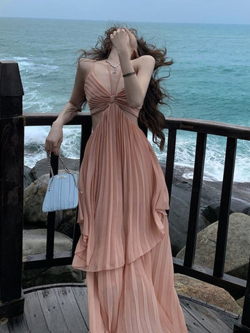 Summer New Fashion Women Sexy Pleated  Boho Long Dress Vacation Beach Strap A line Ladies Robe Sundress