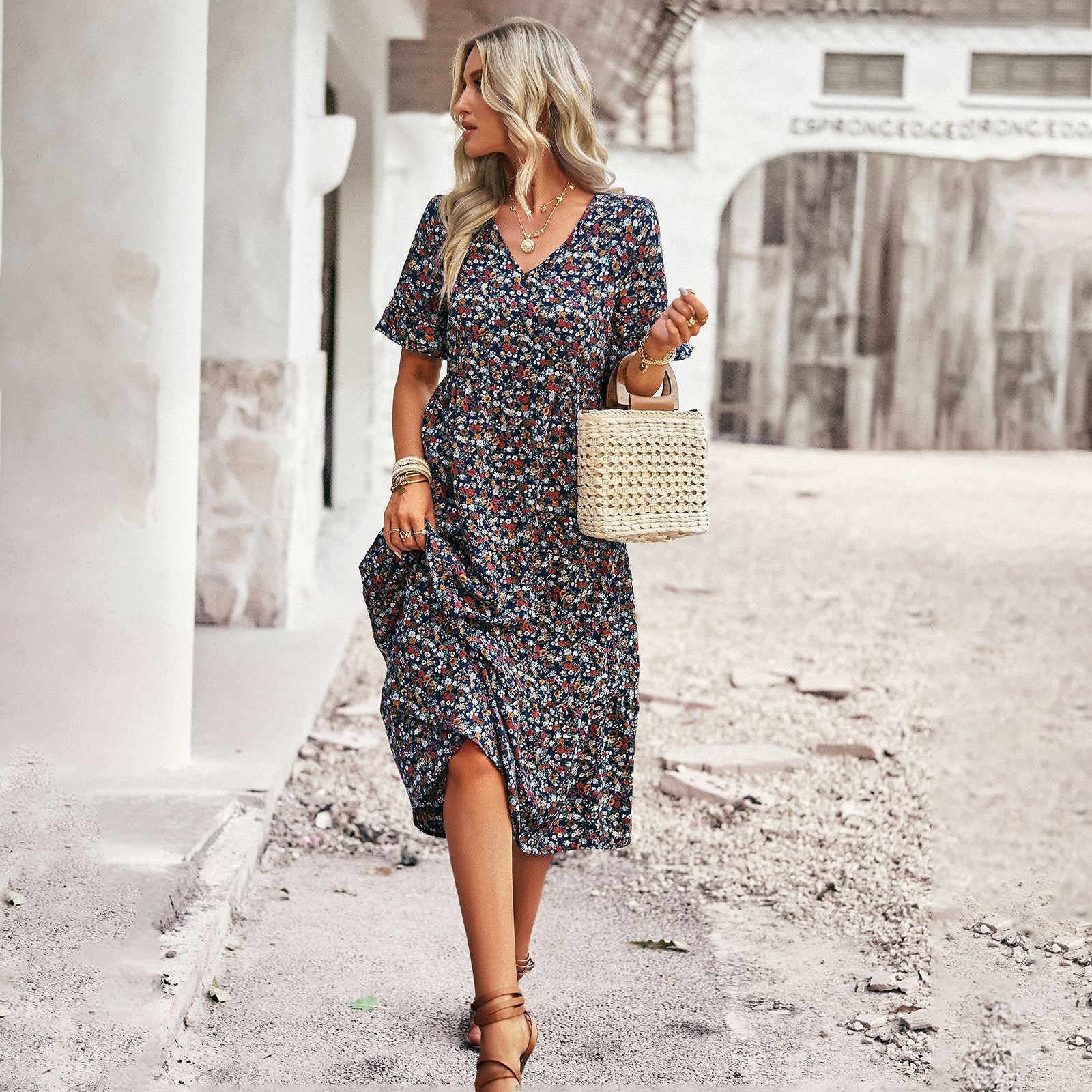 M Fashion V Neck Elegant Printed Dress  Women Summer Short Sleeve High Waist A Line Floral Holiday Dresses