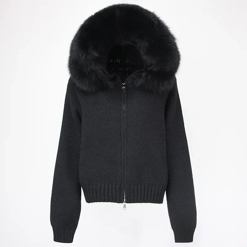 Fashion Autumn Winter Casual Hooded Real Fox Fur Collar Fashion Short Knitted Jacket with Natural Fur Coat for Women