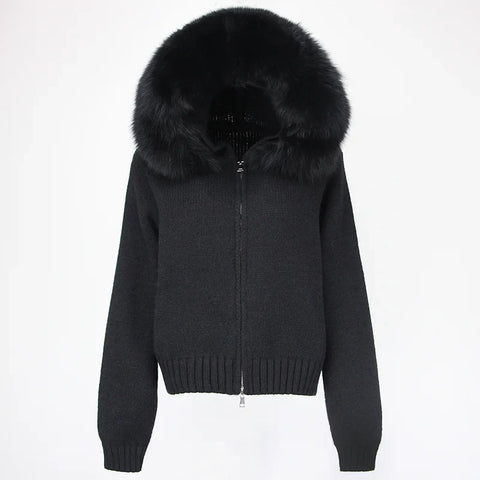 Fashion Autumn Winter Casual Hooded Real Fox Fur Collar Fashion Short Knitted Jacket with Natural Fur Coat for Women