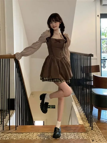 Deeptown Kawaii Korean Style Brown Mini Dress Women Fairycore Cute Lolita One Piece Long Sleeve Tunic Princess Dresses Autumn