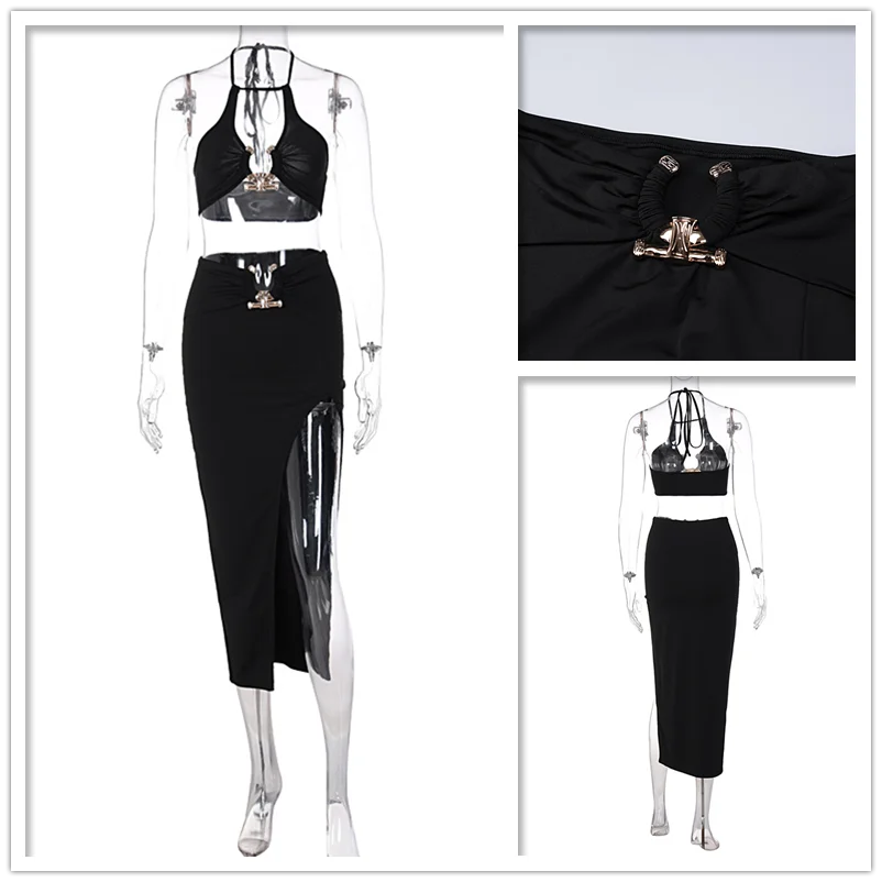 Sexy Two Piece Set Halter Crop Top And Split Maxi Long Skirts Slim 2 Pieces Sets Women Summer Club Party Outfits