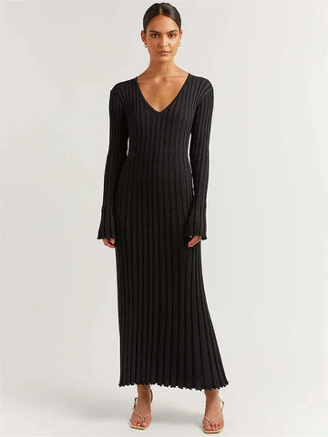 Autumn New V-Neck Knit Maxi Dress Women Ribbed Elegant Long Sleeve Streetwear High Waist Pleated Dresses Ladies Knitwear