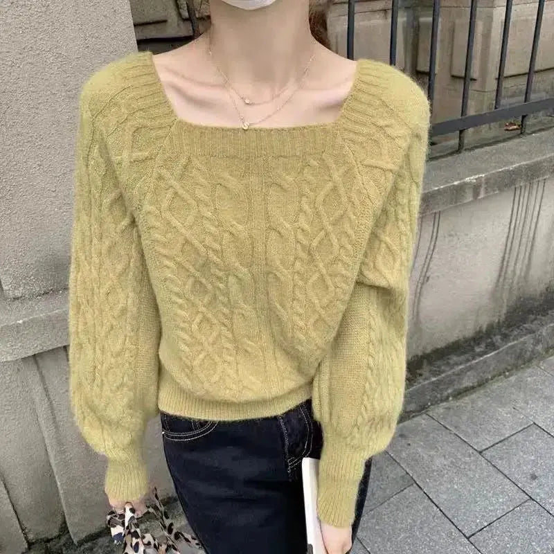 Casual Knitted Sweater Women Pullover  Autumn Winter Soft Thick Warm Wool Jumper Female All-Match Square Collar Sweaters