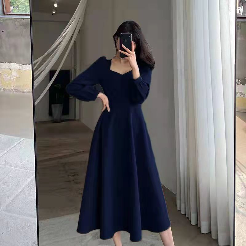 Black Dress Women's Autumn New Black Long Sleeve Dress Hepburn Style V-neck Ankle-length Retro Korean Style Long Black Dress