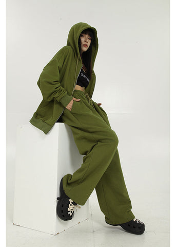 Women's Green Zipper Hoodie Long Sleeves Casual Baggy Wide Leg Long Pants Two Piece Set Vintage Sports Style Suit Ladies