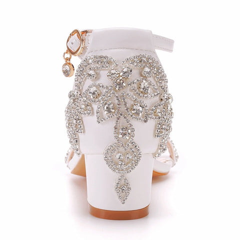 Crystal Queen High Heels White Wedding Sandals Bride Block Open Toe Prom Evening Formal Rhinestone Party Dress Shoes