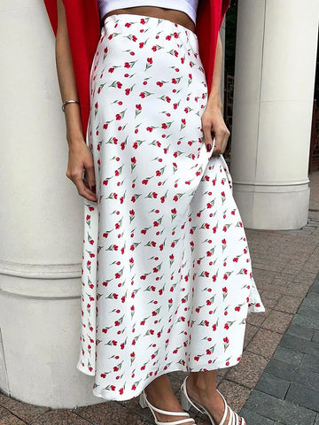 Cherry Printed Skirt Women Spring High Waist A-shaped Fish Tail Skirts Elegant Fashion Patchwork Loose Long Skirt New