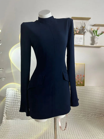 Patchwork Solid High Waist Mini Dress Female Fashion Long Sleeve Autumn Pocket Slim Dress Casual Women's Dress New