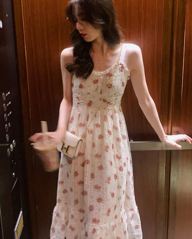 Floral Elegant Slip Dress Women Belt Designer Korean Fashion Party Dress Female Casual Vintage Chic Summer One-piece Dress