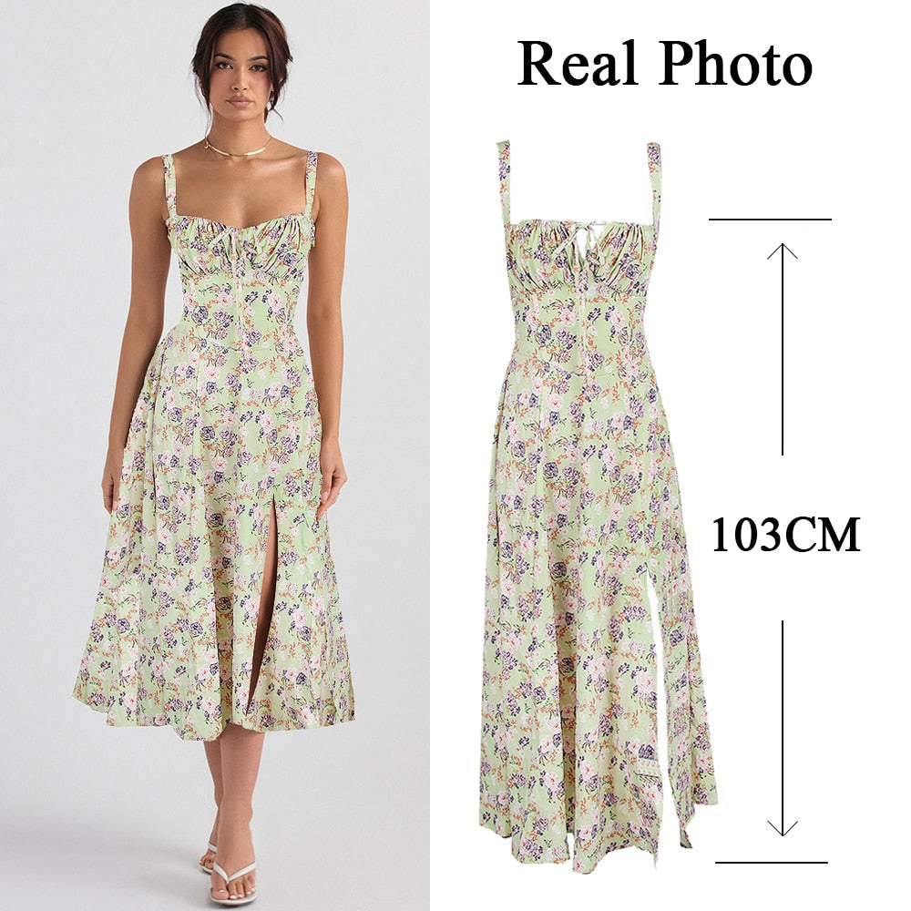 Women's Summer Floral Print Dresses Sweet Elegant Midi Holiday Dress Casual Slit Blue Lace Up Dresses