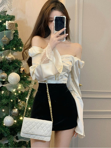 Spring Long Sleeve Elegant Satin Blouse Women Slim Square Neck Y2k Clothing Korean Fashion Casual Shirts Office Lady Tops