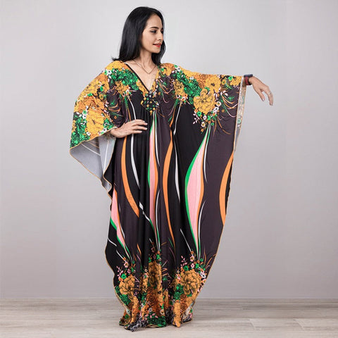 Print Maxi Dress Batwing Sleeve Tunic Spring Autumn Beach Dress Casual Plus Size Women Beachwear Kaftan Cover-ups Pbong mid size graduation outfit romantic style teen swag clean girl ideas 90s latina aesthetic