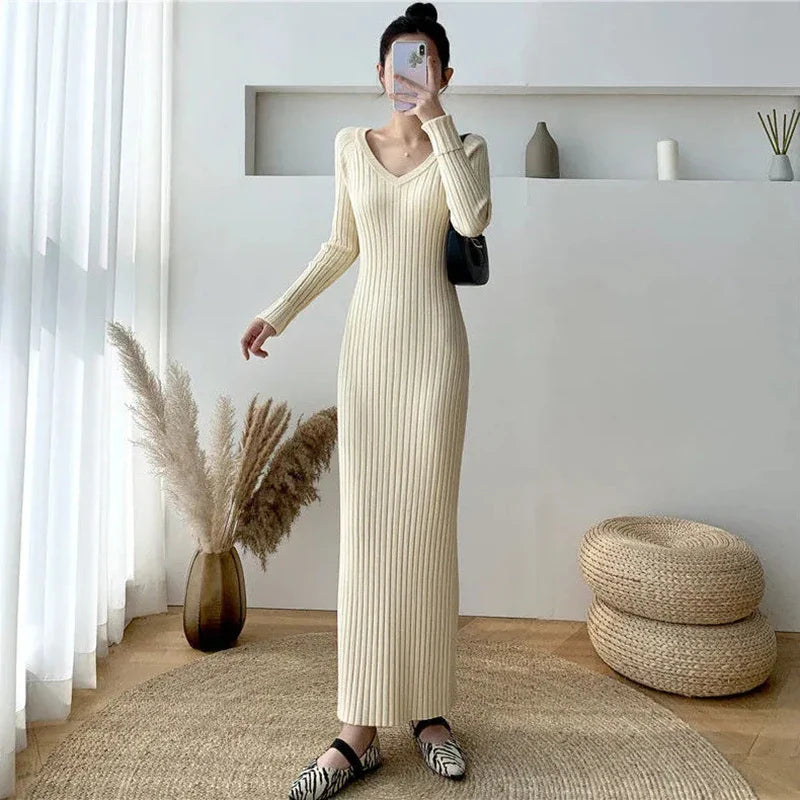 Elegant Solid Women Knitted Dress Simple Korean Slim Long Sleeve Ankle Length Dress Casual V Neck Office Ladies Chic Dress