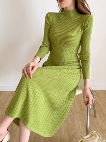 Autumn Winter Slim Long Sleeve Party Midi Dress for Women Knitted Half High Collar Elegant Knitted Sweater Dresses Ladies