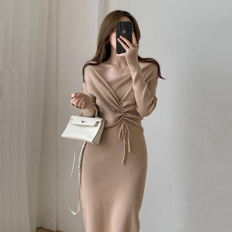 Harajuku Vintage Korean One-Piece Sweater Maxi Dresses for Women Draw String Bodycon Slim Knitted Lady Woman Dress Autumn