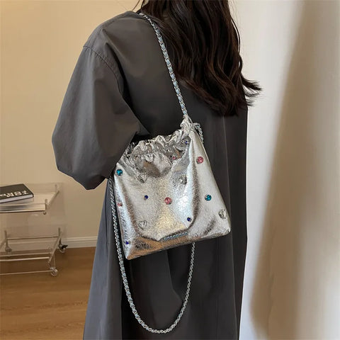 Diamonds Design Silver Leather Crossbody Bags for Women Luxury Designer Korean Fashion Chain Shoulder Bag Handbags