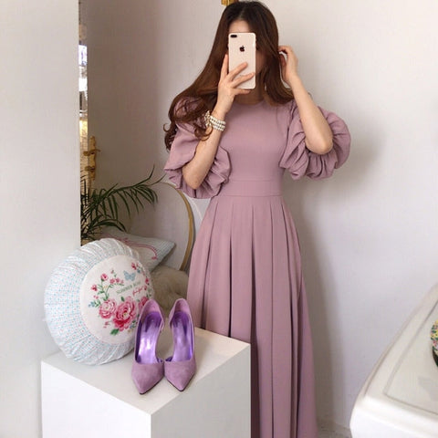 Korean Solid Casual Chic Elegant Dress for Women High Waist O-Neck Straps Short Lantern Sleeves Pleated Midi Dresses Summer