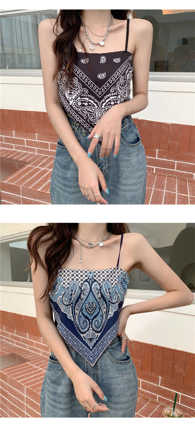 Retro Camisole Summer Short Triangle Top Mercerized Cotton Paisley Printed Indie Folk Woman Sexy Spaghetti Camis Crop Tops Pbong mid size graduation outfit romantic style teen swag clean girl ideas 90s latina aesthetic