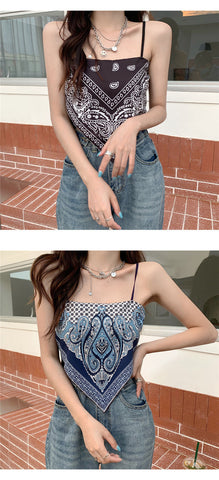 Retro Camisole Summer Short Triangle Top Mercerized Cotton Paisley Printed Indie Folk Woman Sexy Spaghetti Camis Crop Tops Pbong mid size graduation outfit romantic style teen swag clean girl ideas 90s latina aesthetic