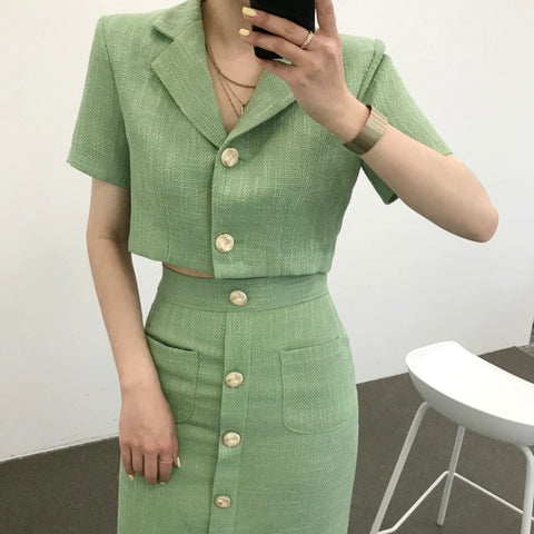 Fashion Korea Elegant Lapel Thin Tweed Small Suit Short Jacket + High Waist Chic Button Slim Womens Two Piece Skirt Sets Summer