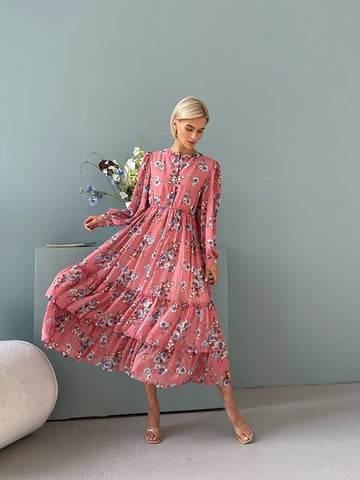 Elegant Pleated Long Sleeve Chiffon Evening Dresses Women Pink Blue Black White Floral Beach Long Maxi Summer Dress Women