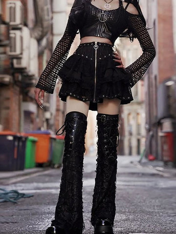 Goth Dark Lace Patchwork Mall Gothic Pleated Skirts Grunge Aesthetic Punk Bandage Zip Up Mini Skirt Women Streetwear Alt Clothes