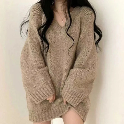 Autumn Winter Women Knitted Sweaters Fashion Korean Oversized Simple V Neck Pullover Harajuku Solid Puff Sleeves Casual Jumpers