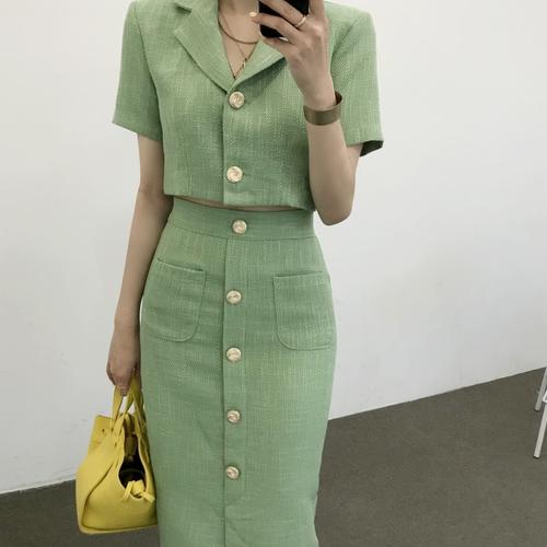 Fashion Korea Elegant Lapel Thin Tweed Small Suit Short Jacket + High Waist Chic Button Slim Womens Two Piece Skirt Sets Summer