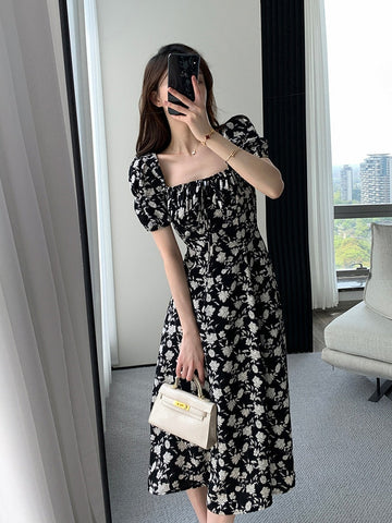 Vintage French Sexy Bodycon Black Floral Square Collar Office Lady Midi Chiffon Dress Women Party Elegant Clothes Summer