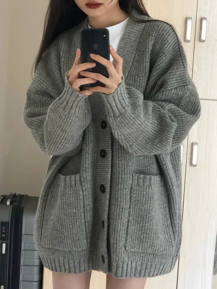 Autumn Winter Women Cardigan Sweater Coats Fashion Female Long Sleeve V-neck Loose Knitted Jackets Casual Sweater Cardigans