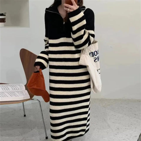 Korean Chic Big Lapel Zipper Stripe Mid Length Knit Dress Autumn Winter Pullover Long Sleeve Loose Warm Women Dress  New