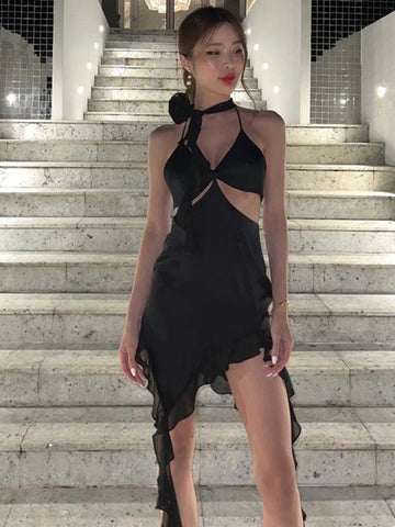 Floral Solid Short Bodycon Dress Hollow Out Women Clothing Slim Sexy Streetwear Hanging Neck High Waist Vestidos De Mujer Summer