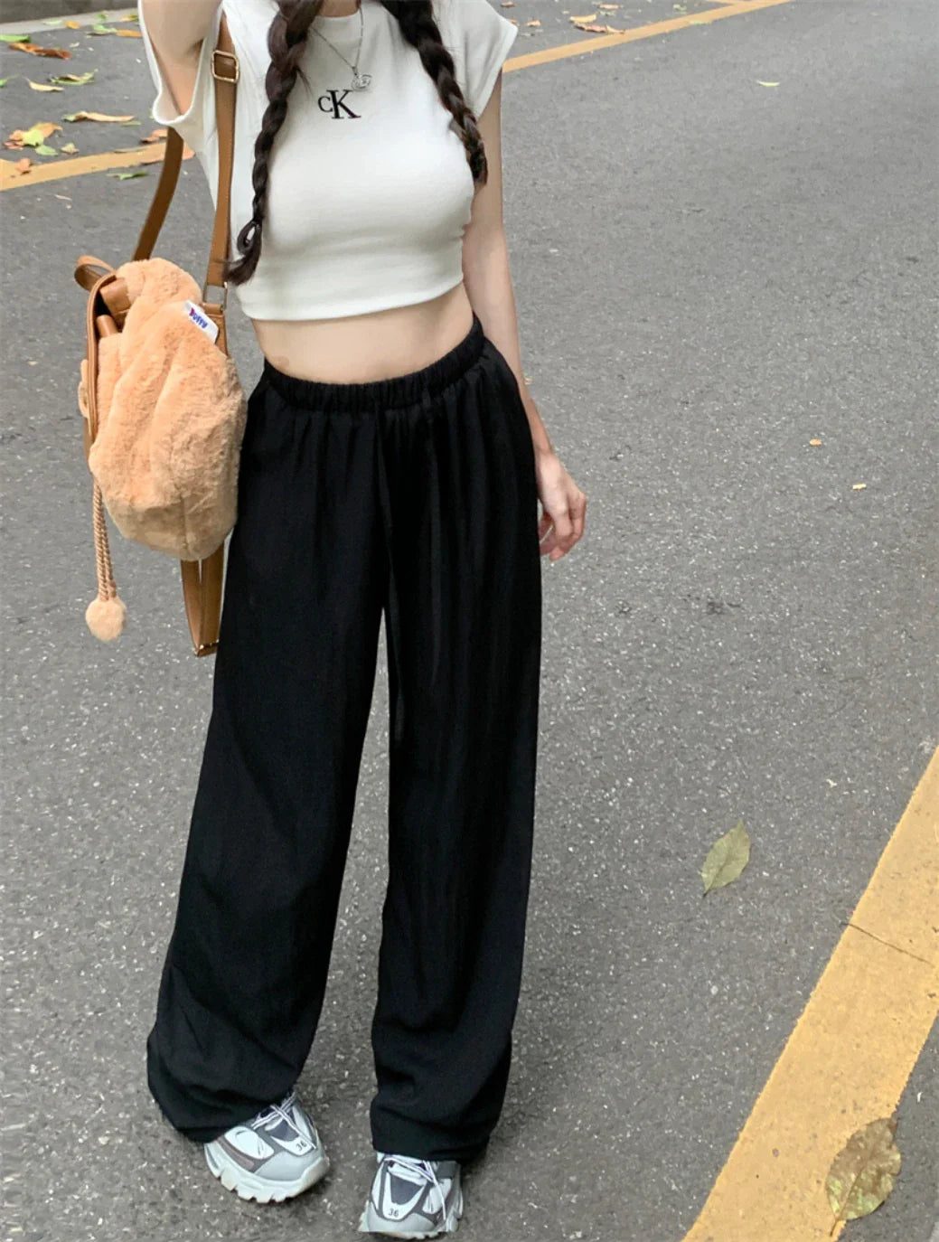 Summer New Vertical Loose Casual Wide Leg Pants High Waist Draw Rope Straight Pants Women