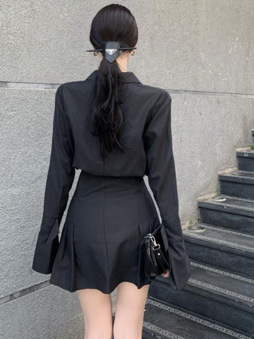 Black Shirt Dress Women Elegant Vintage Long Sleeve Dresses Sexy Gothic Pleated Streetwear Turn-down Collar Casual Robe