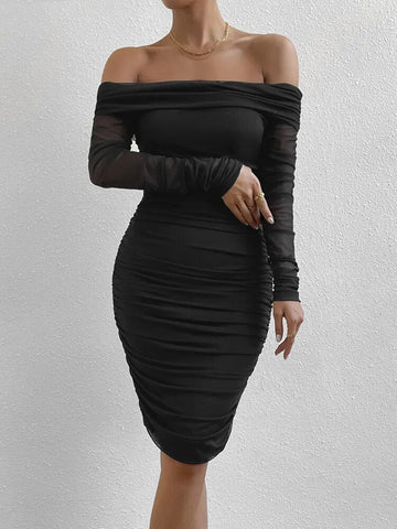 Shoulder Mesh Party Dress Women Clothing Sexy Club Backless Ruched Bodycon Dresses Long Sleeves Autumn Vestidos