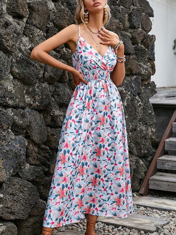 Sexy Floral Long Dress Women Summer Casual Backless White Holiday Beach Dress Fashion A-line Sleeveless New In Dresses